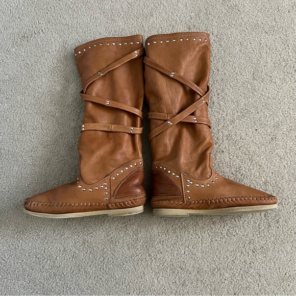 Vintage ‘Hector Riccione’ Pull Up Caramel Tan Calfskin Moccasin Boots Stud Tie - Picture 7 of 16